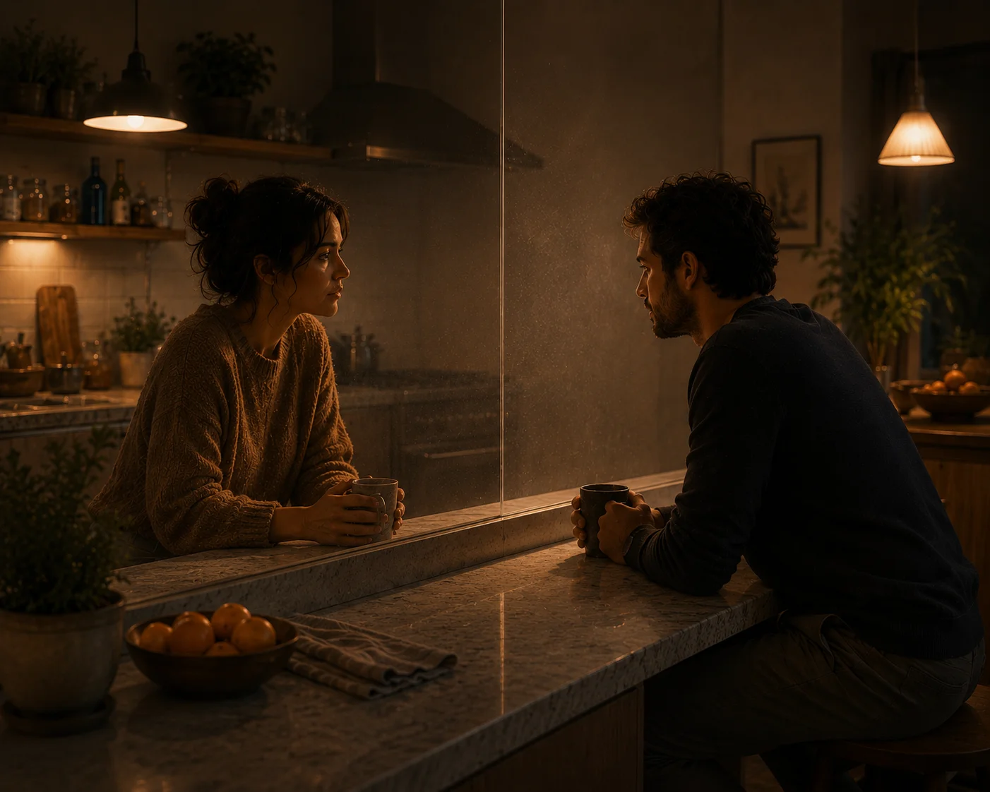 A couple at a kitchen table with a translucent glass wall between them