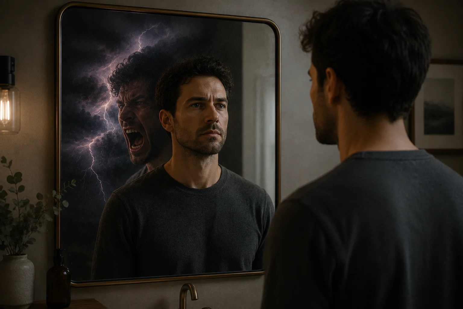 A man standing behind slightly frosted glass showing a storm reflection