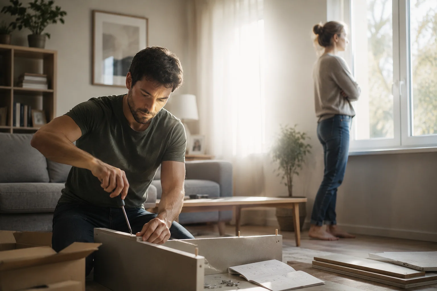 A man assembling furniture in a living room, wife looking out window in background