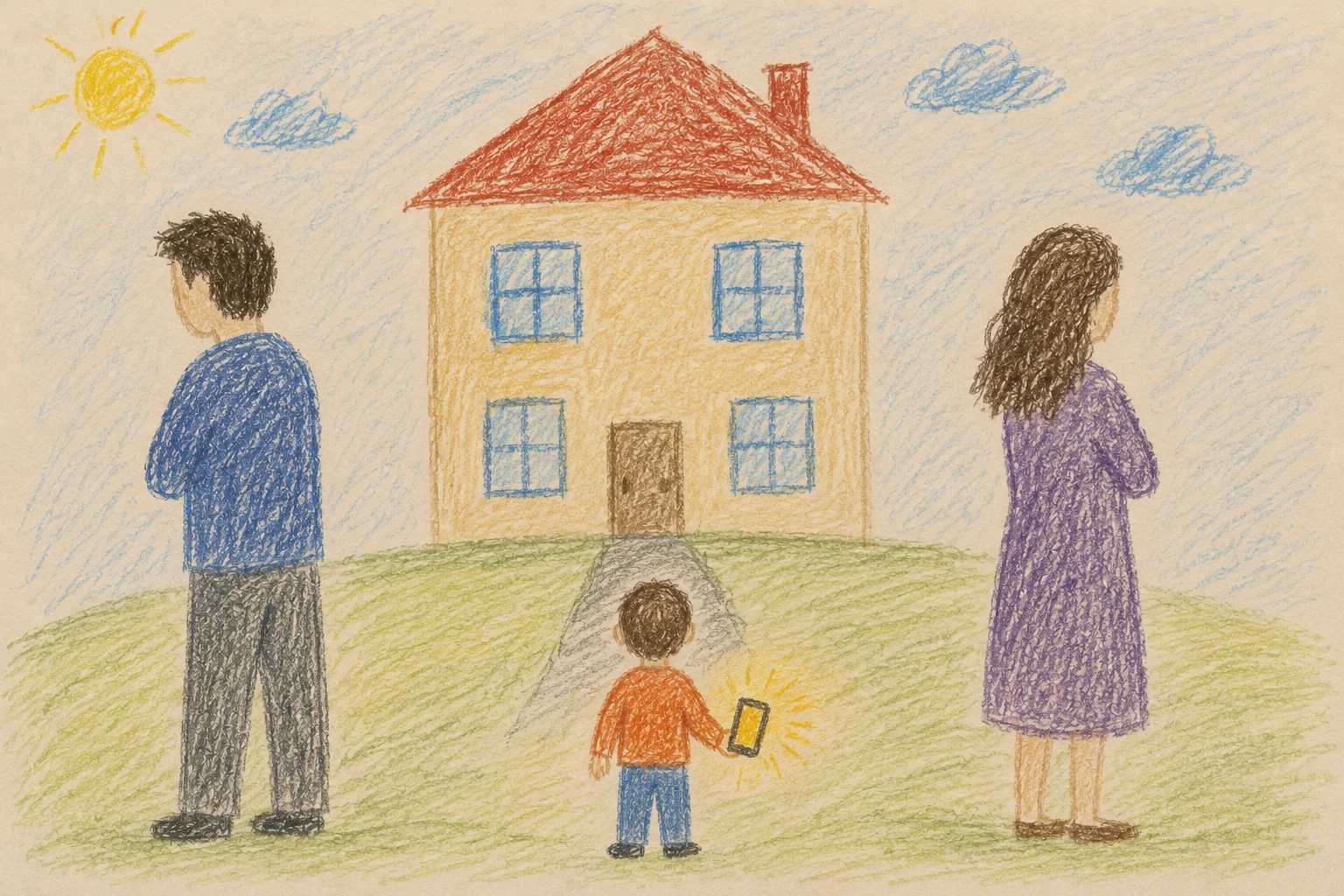 A child's drawing of a big house with parents turned away