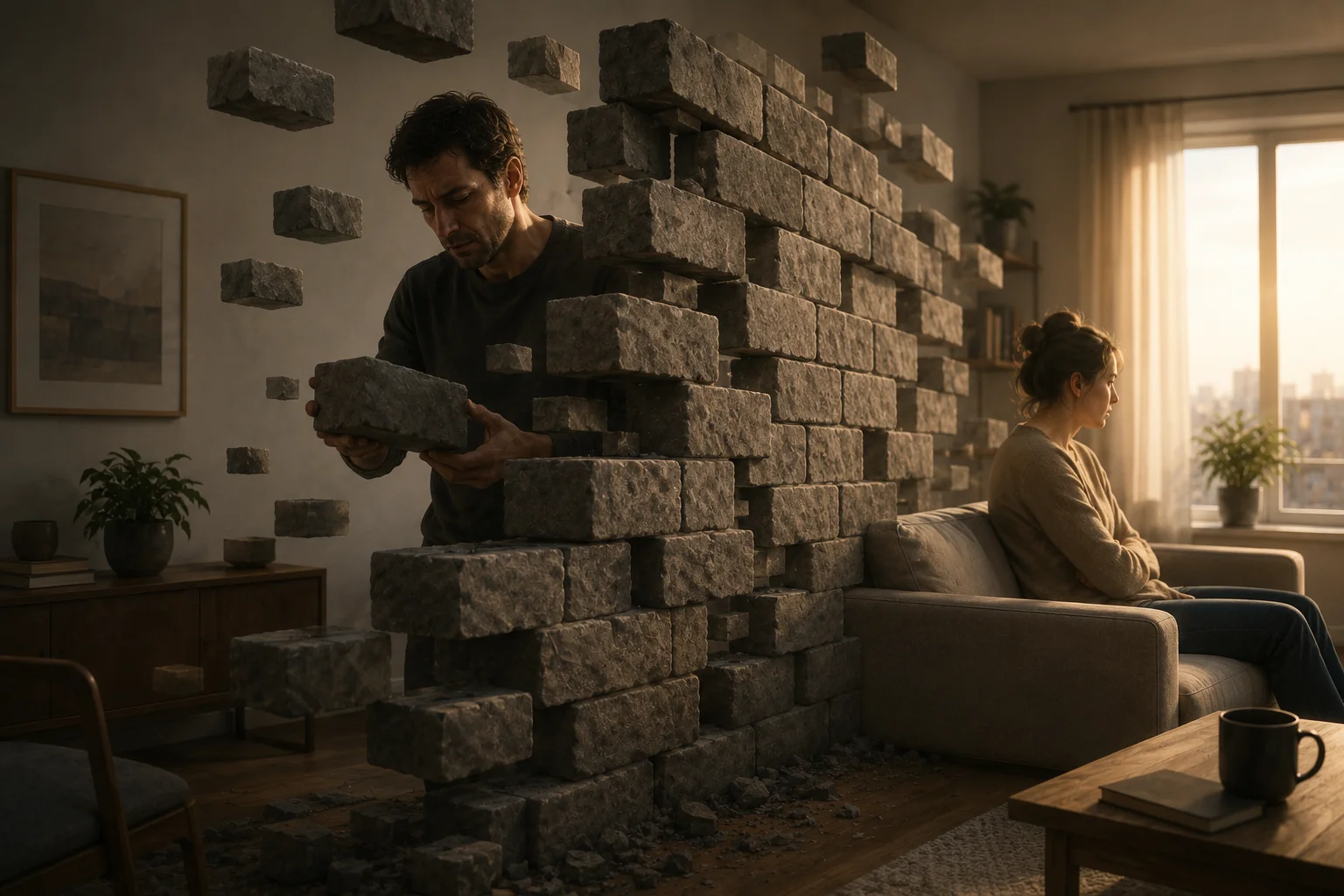 A literal stone wall built inside a living room with a man behind it