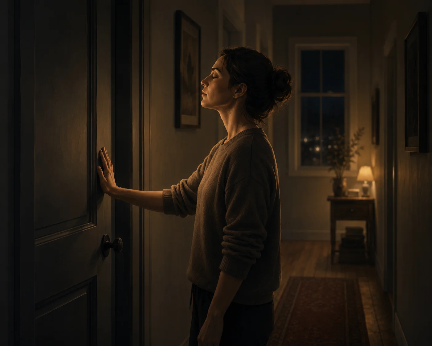 A woman in a hallway at night deciding not to open a door