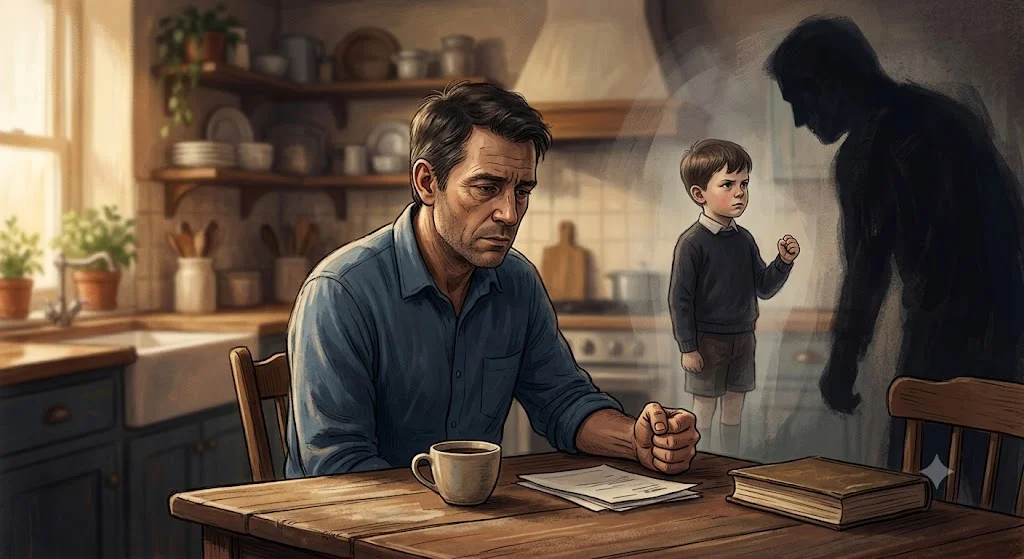 A man at kitchen table with shadow of small boy behind him
