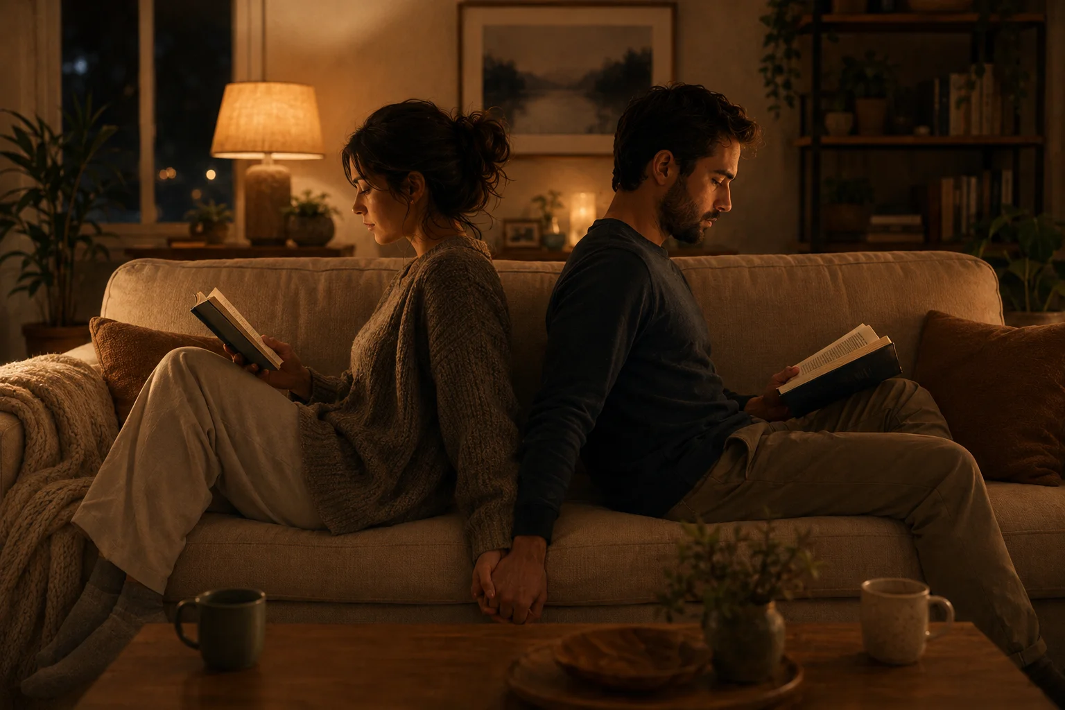Two people reading back to back on a couch quietly holding hands